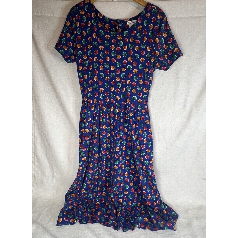 Talbots Vintage Dress Blue Seashell Print Size Medium Shoulder Pads & Pockets